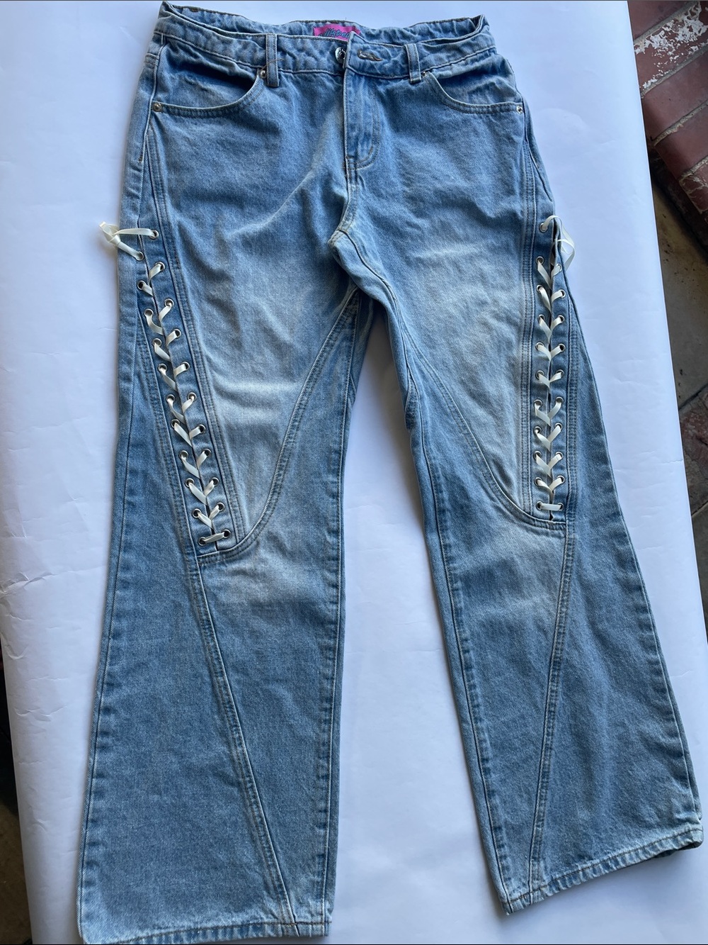 🚨🚨🚨Clearance Light Blue Lace-Up Side Panel Wide Leg Jeans - Women